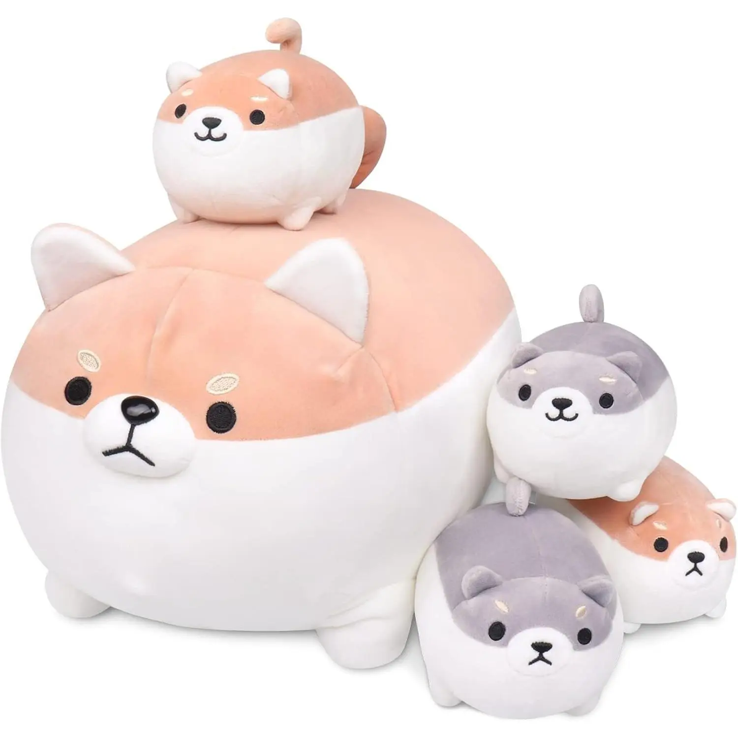 5 PCS Shiba Inu Stuffed Animal Family 16" Cute Soft Corgi Plushie Pillow Toy Anime Kawaii Dog Mommy with 4 Puppies Gifts for Boys Girls