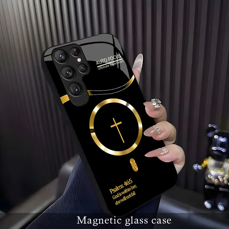 For Galaxy S24 Ultra God's Plan Psalms 46:5 Cross Magnetic Glass Case, Faith Floral Design, MagSafe-Compatible Wireless Charging, Shockproof Protective Cover.XS9527