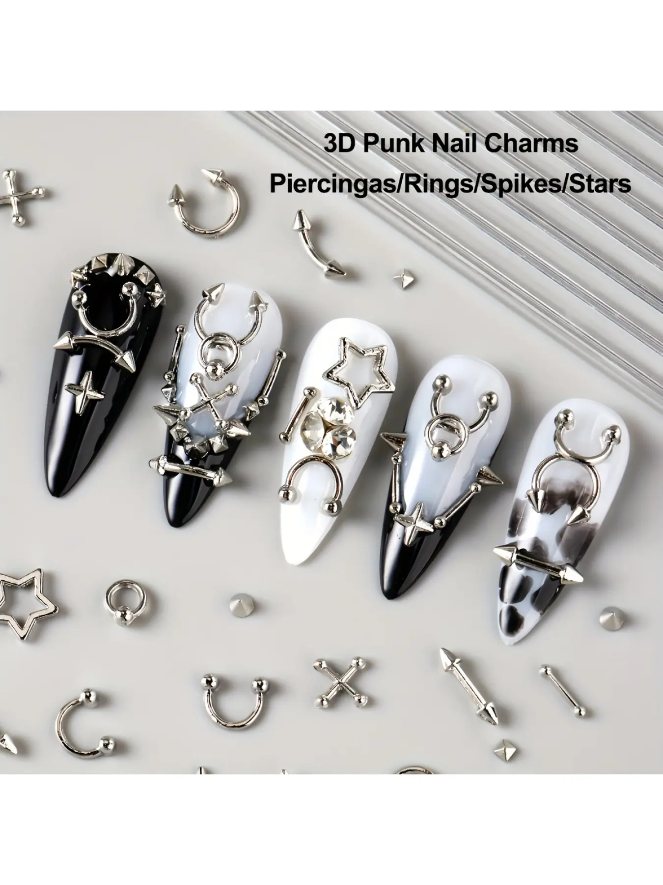 12 Gothic Nail Charms - 3D Punk Y2K Silver, Black, Stars Metal Studs, Alloy Piercing DIY Nail Art Decorations, Suitable for Home and Salon Nail Accessories, Durable PVC Material, Easy to Apply, Nail Art Supplies, Edge Nail Designs