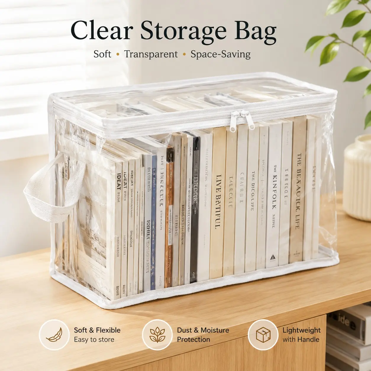 Transparent Foldable Storage Box with Lid, Large Capacity Dustproof Organizer for Books, Files, Magazines, Toys, Closet, Classroom & Home