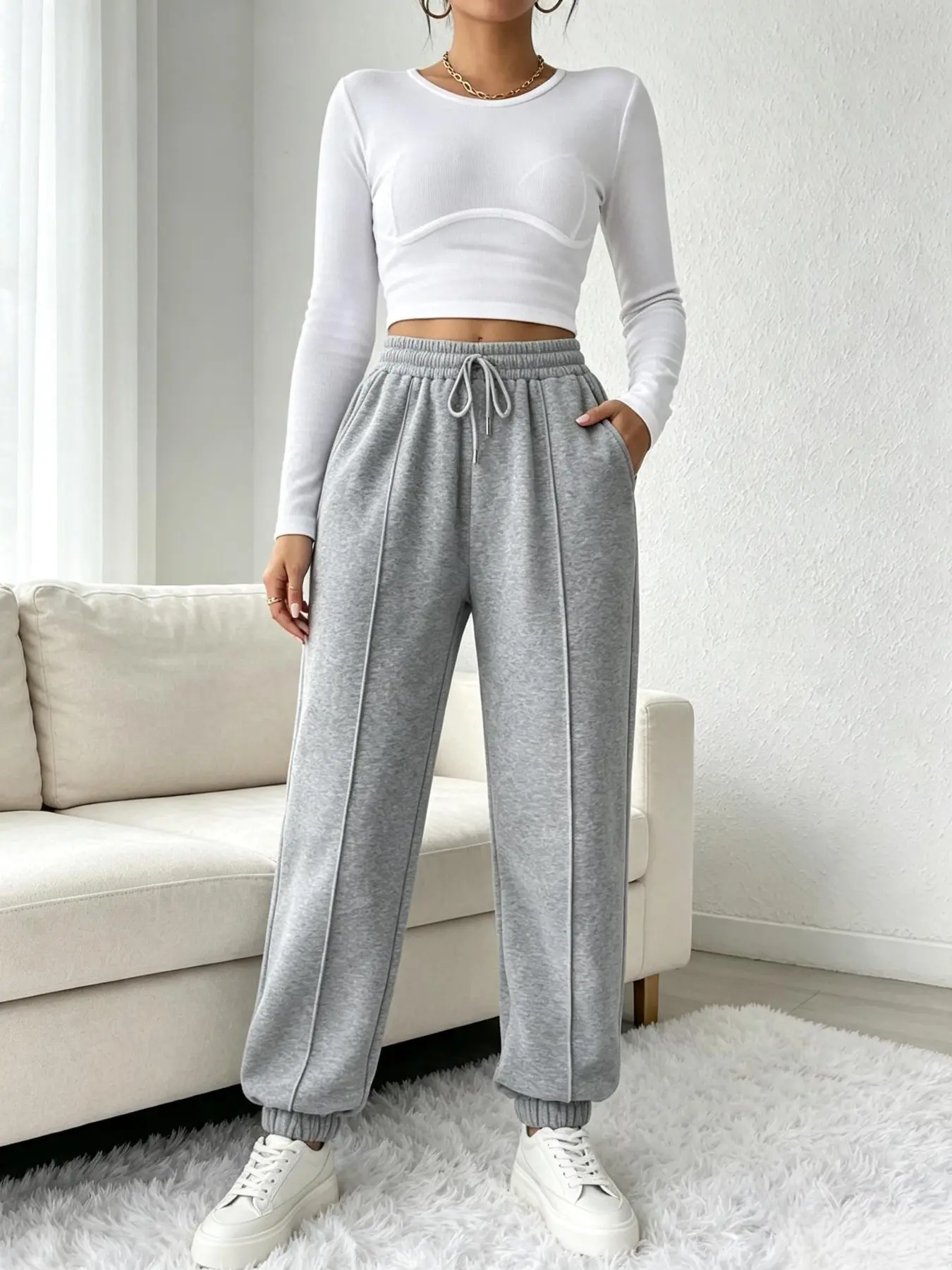 Women's Plain Drawstring Waist Leggings with Pockets, Loose-Fitting Athletic Pants for All Seasons, Comfortable Sportswear for Daily Wear