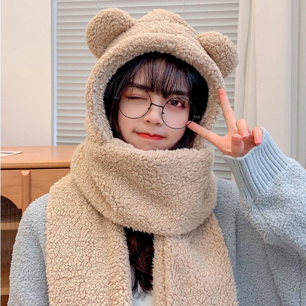 Sweet 3 in 1 Bear Ear Plush Beanie Thickened Ear Protection Plush Scarf Hat Gloves Earmuffs Warm Fleece Scarves Hat Girl