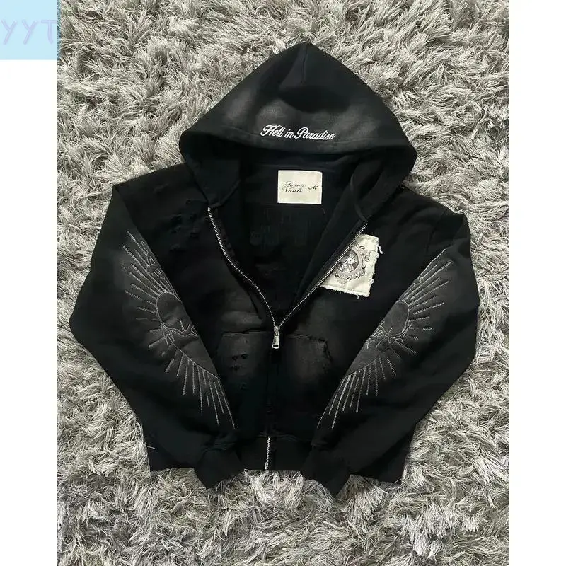 YYT1 Men's Gothic Retro Zip-Up Hoodie - Embroidery Patchwork, Loose Sweatshirt, Streetwear Clothing, Graphic Hoodies, Goth Clothes, Jackets Zip Up, Men's Clothing Tops, Fashion Streetwear, Casual Wear, Embroidered Patch, Relaxed Cut