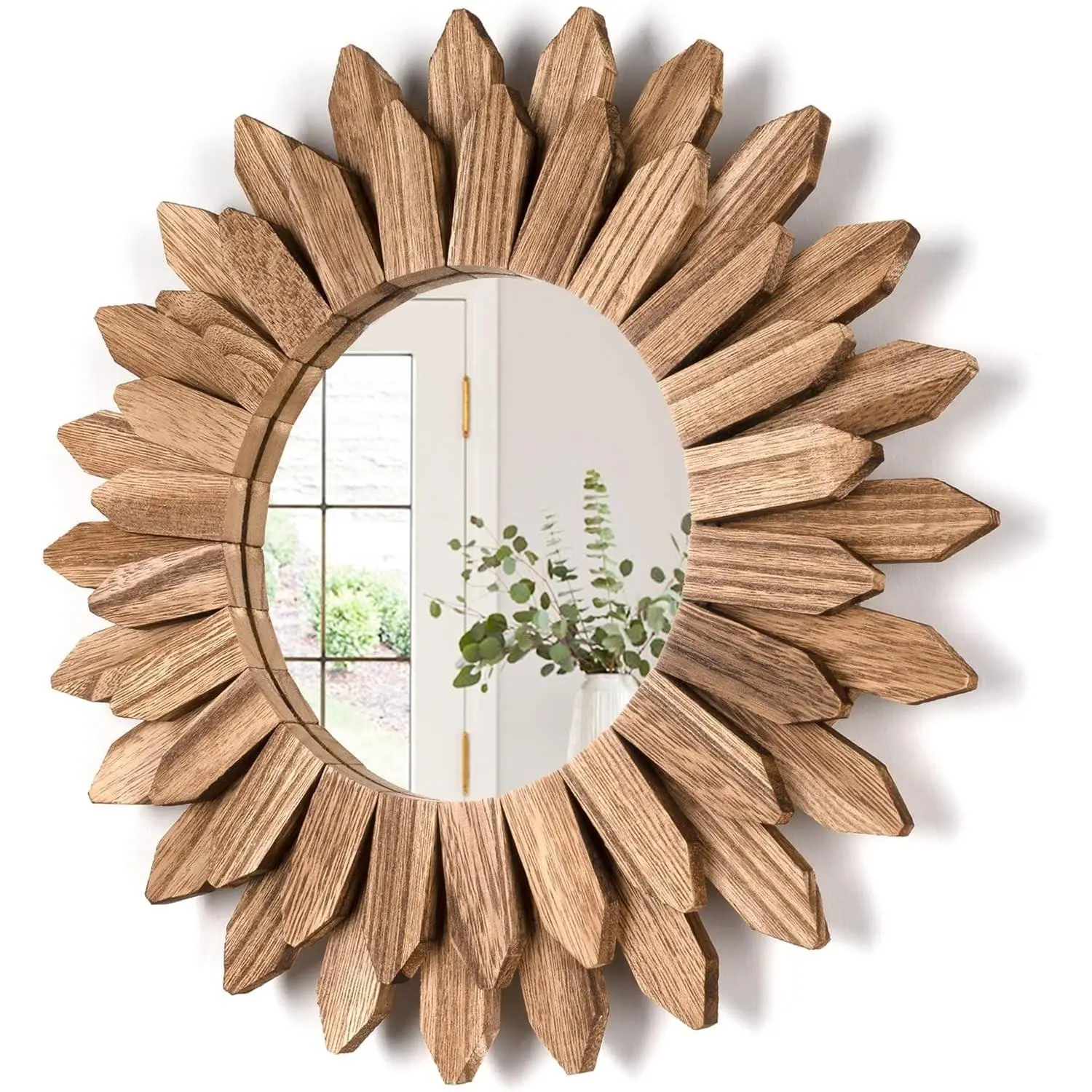 Wall Mirror Decorative 12 inch Rustic Wood Mirror Sunburst Boho Mirror for Entryway Bedroom Living Room Bathroom House Warming Gifts New Home Essential Carbonized Black