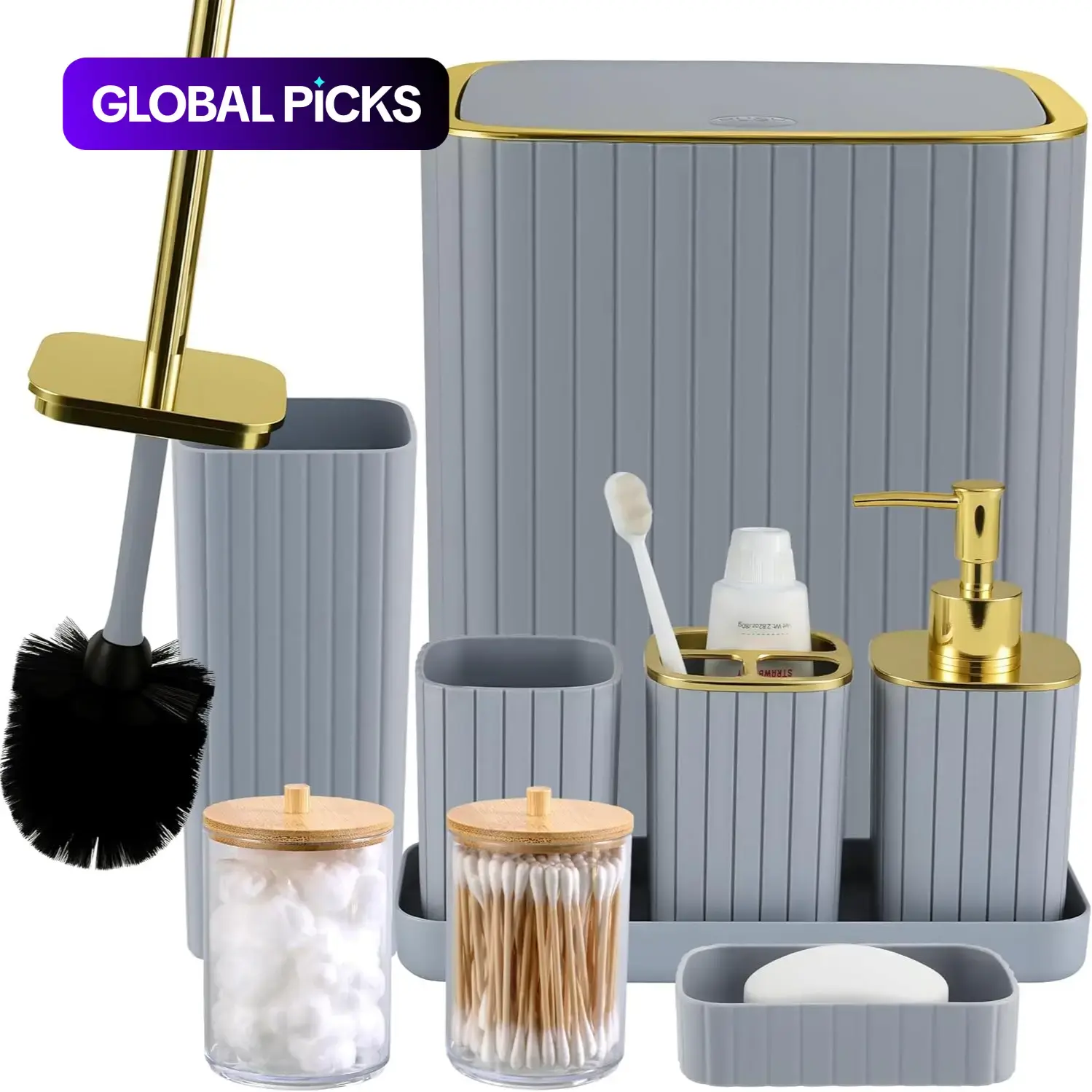 【Black Friday】Bathroom Accessories Set, 9-Piece Kit Including Toilet Brush, Trash Can, Soap Dispenser, Cotton Swab Holder, Modern Home Essentials, Bathroom Gadgets Kit #GLOBAL PICKS