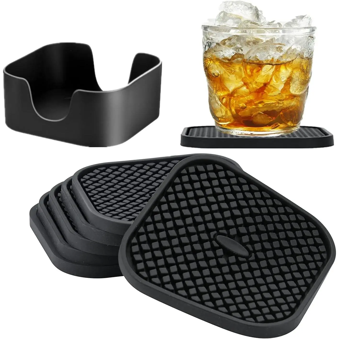Silicone Coasters Set of 6, Drink Coasters with Holder, Non-Slip Cup Mat, Deep Tray Absorbent Coaster, Heat Resistant Countertop Protection (Black-Square)