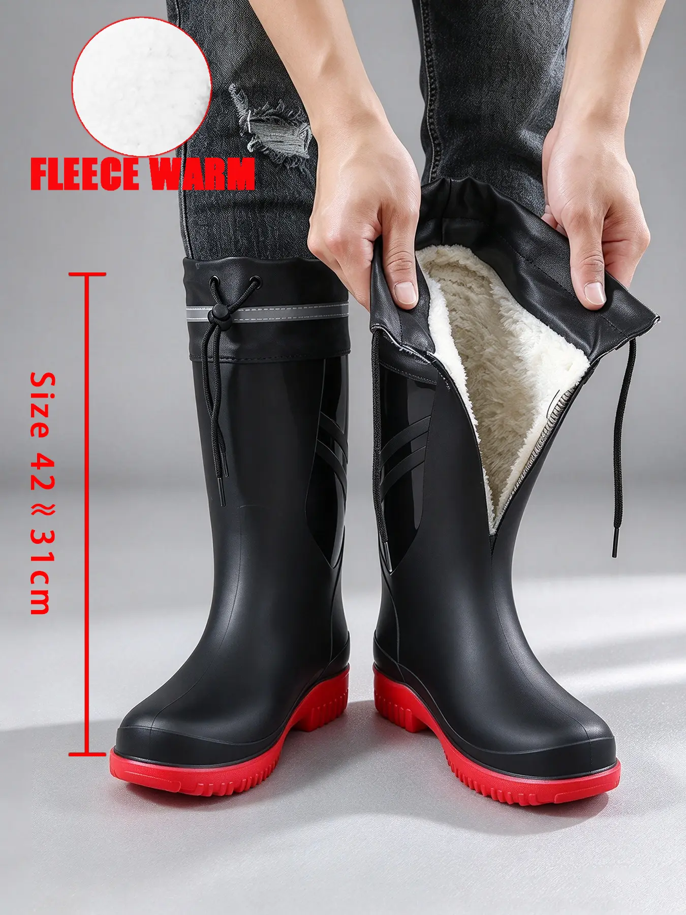 Unisex Winter Fleece Lined Tall Rain Boots, Mid-Calf Waterproof Cold-Proof Keep Warm Snow Boots Thick Sole. Rain Shoes Featuring Drawstring Splash-proof Cuff. Great for Rainy Commutes, City Street Style, for Multi-scene Use. Size Up One Sizes.
