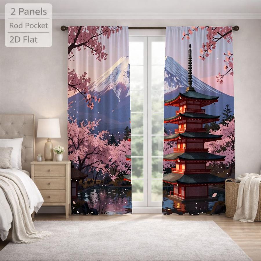 2Pcs Japanese Style Pagoda Mount Fuji Cherry Blossom Landscape Sun Blocking Curtains Digital Printed Rod Pocket, Window Treatment For Bedroom Office Kitchen Living Room Study Home Decor