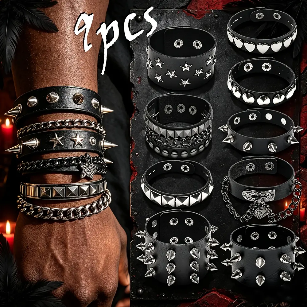 Unisex Punk Bracelet Combination Set - 9-Piece Gothic Rock Faux Leather Studded Wristbands, Fashion Cool Accessories with Adjustable Snap Closures for Daily Wear