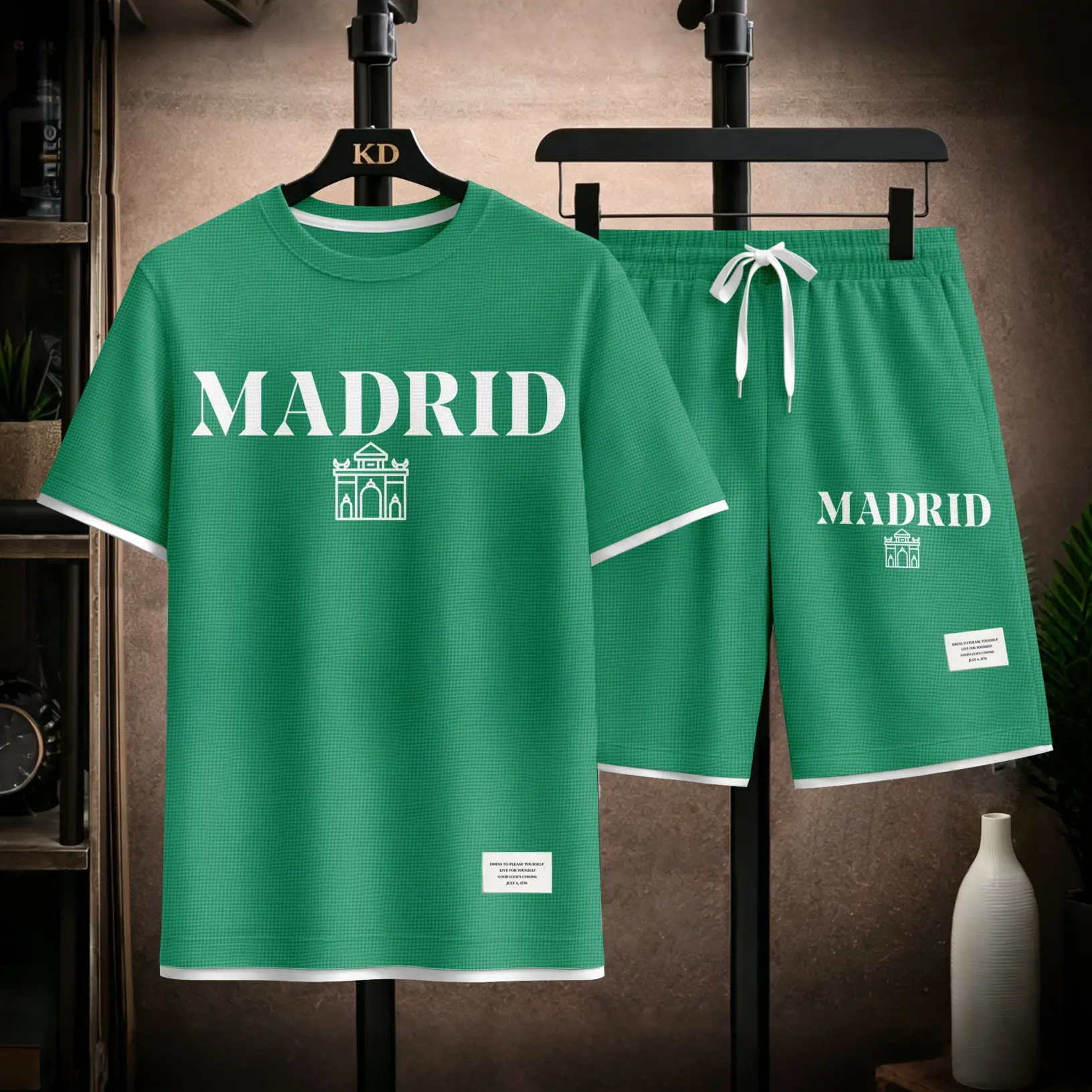 Men’s Madrid Inspired Matching Set, Short Sleeve Tee and Shorts Featuring Classic City Graphic Design, Clean Minimal Style Outfit for Summer Trips, Outdoor Activities and Everyday Fashion.