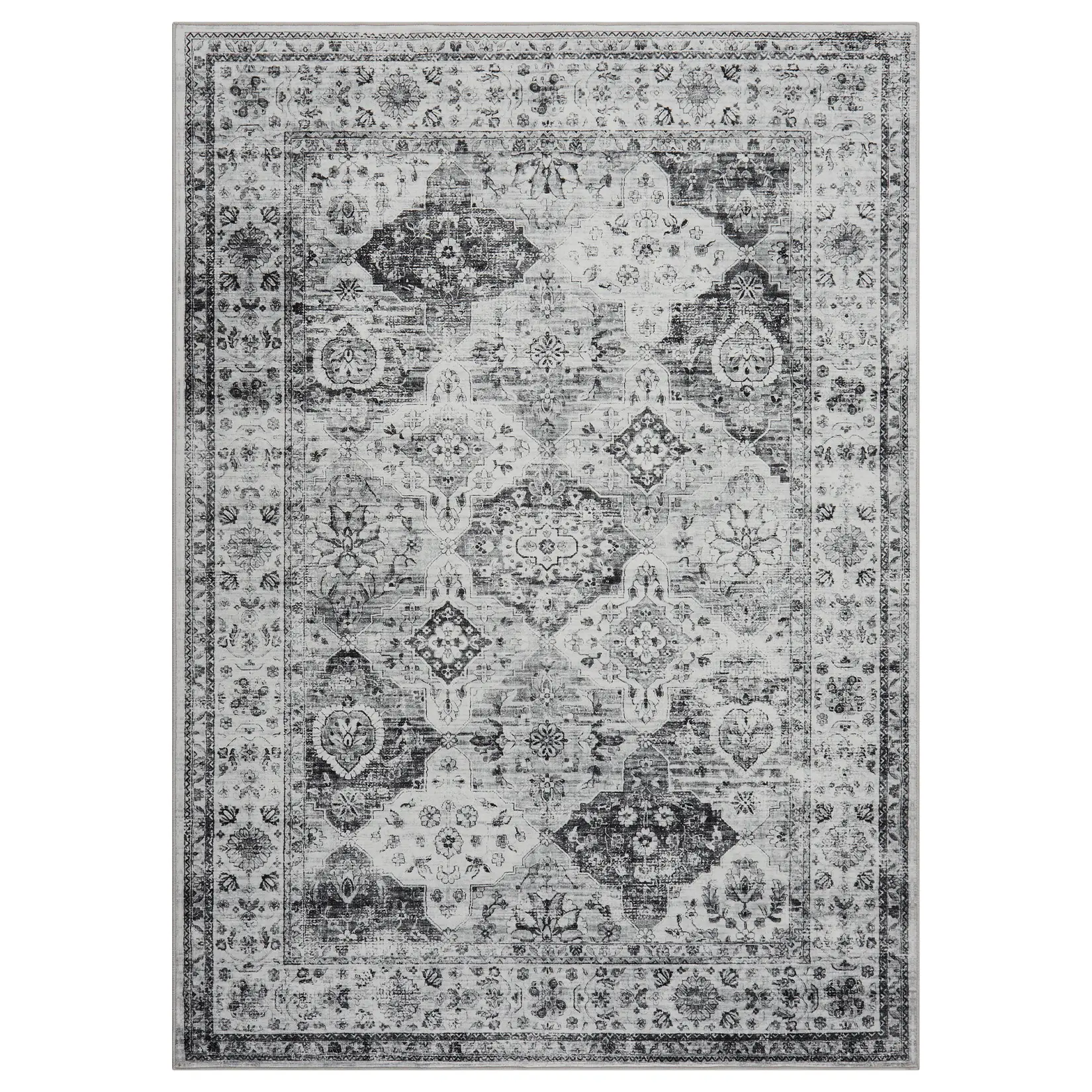 Washable Area Rug Non Slip Foldable Vintage Persian Rug Soft Pearl Velvet Low Pile Carpet for Living Room Bedroom Entryway Gray Tone 5 x 7 ft