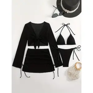 25SS Trend New European and Conservative Four-Piece Set Solid Color Cover-Up Mesh Skirt Bikini Women's Swimsuit