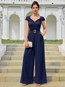 MIUSOL 55949A Floral Lace V-Neck Belt Decoration Wide Leg Jumpsuit Elegant Women Evening Dinners Outfits,Work Women Clothes
