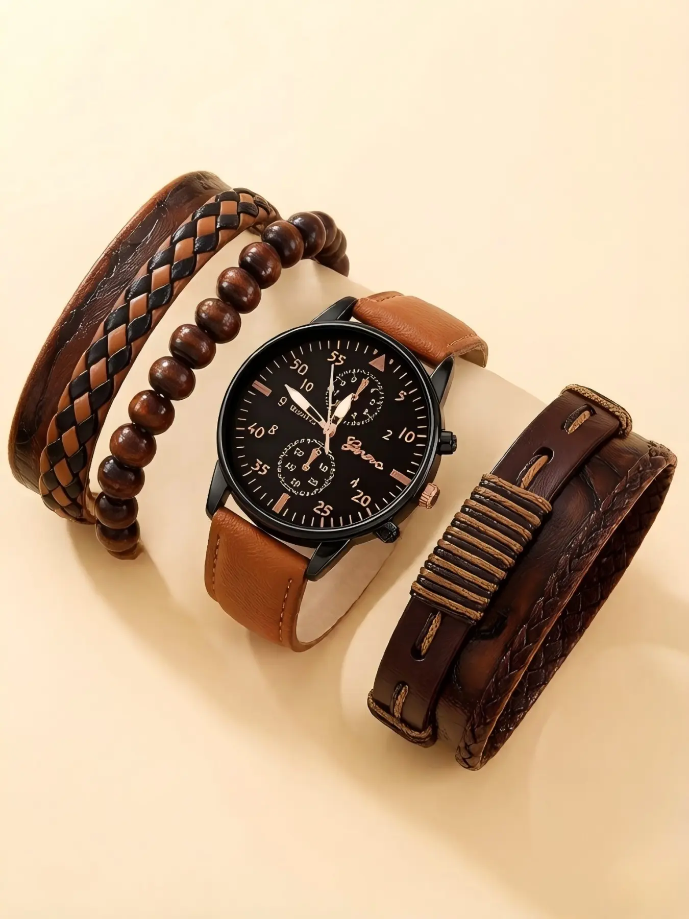 Men's Business Round Dial Analog Quartz Watch & Bracelet Set, Vintage Watch Set for Party, Daily Clothing Decor, Trendy All-match & Exquisite Watch Set for Birthday Gift, Business Fashion Watches