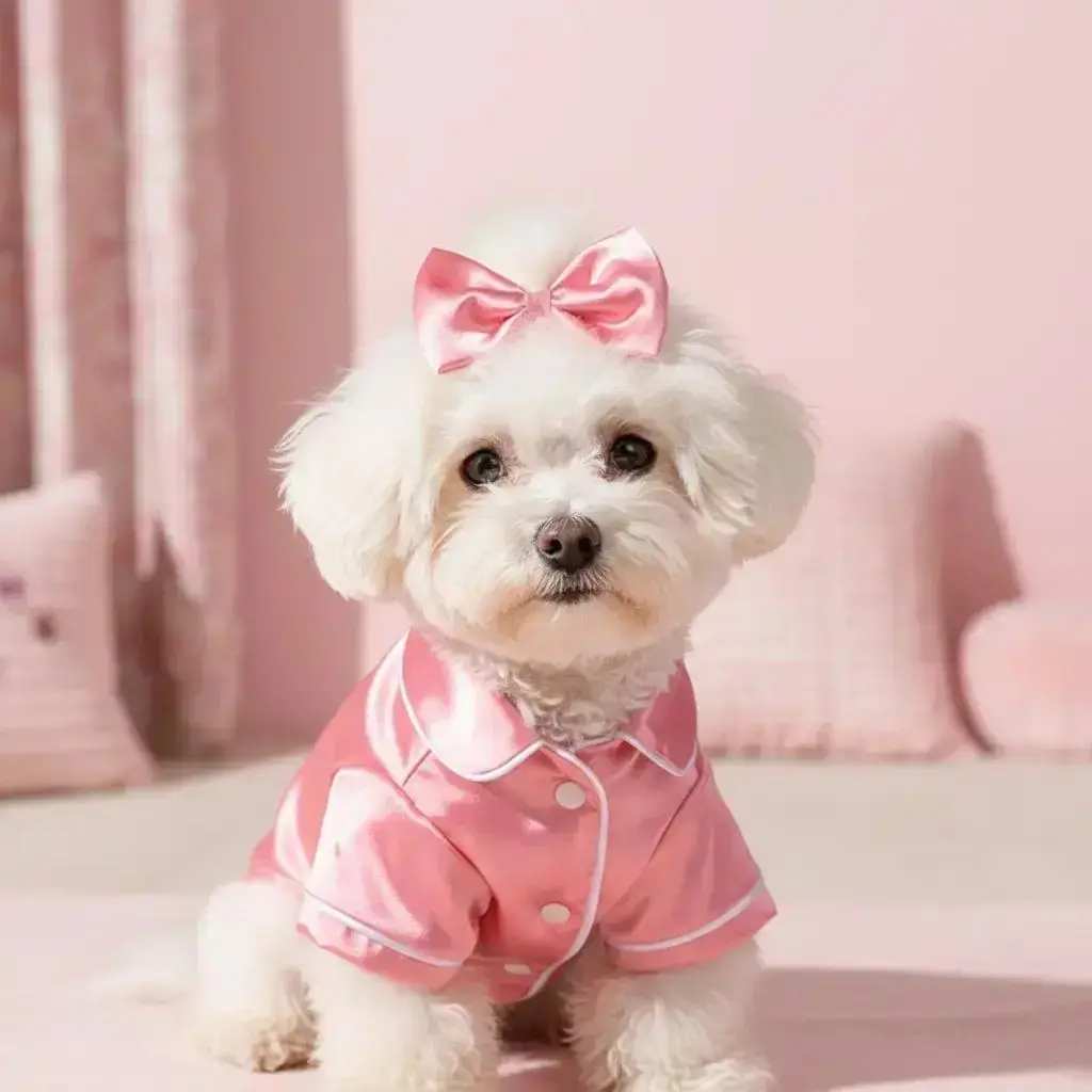 Puppy Clothes Pajama Set - Comfortable Easy-Wear Soft Silky Pink Sleepwear with Matching Bow Headband, Fit for Small Dogs & Cats (Teddy, Bichon, Pomeranian Puppies)