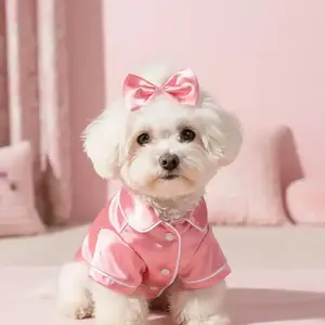 Cute Pet Pajama Set With Matching Bow Headband, Soft Silky Cozy Sleepwear For Small Dogs & Cats, Comfort Pink Night Outfits Fit Teddy, Bichon, Pomeranian & Bulldog Puppies