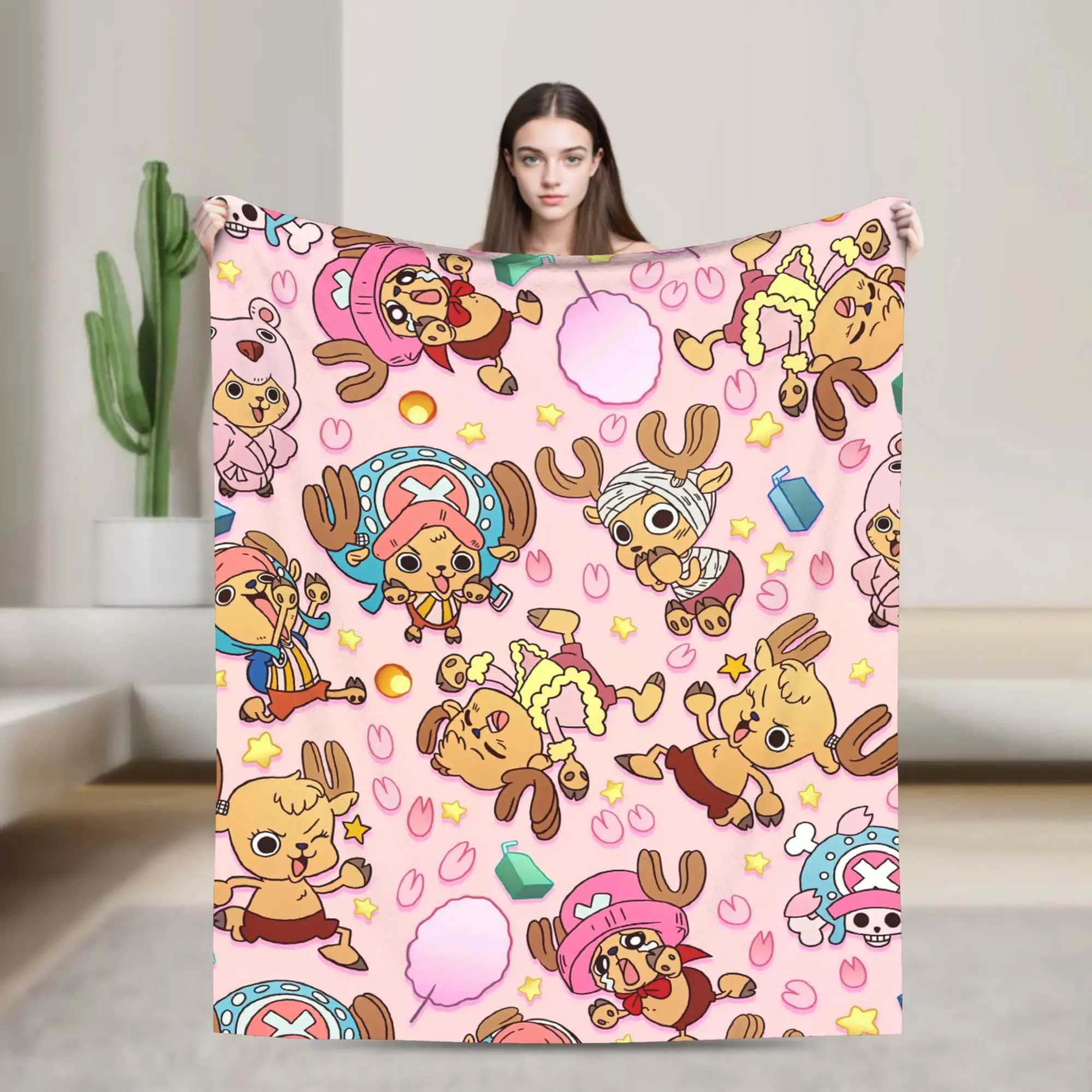 One Piece Kawaii Tony Tony Chopper Printed Blanket, All-Season Cozy Flannel Blanket for Anime Fans