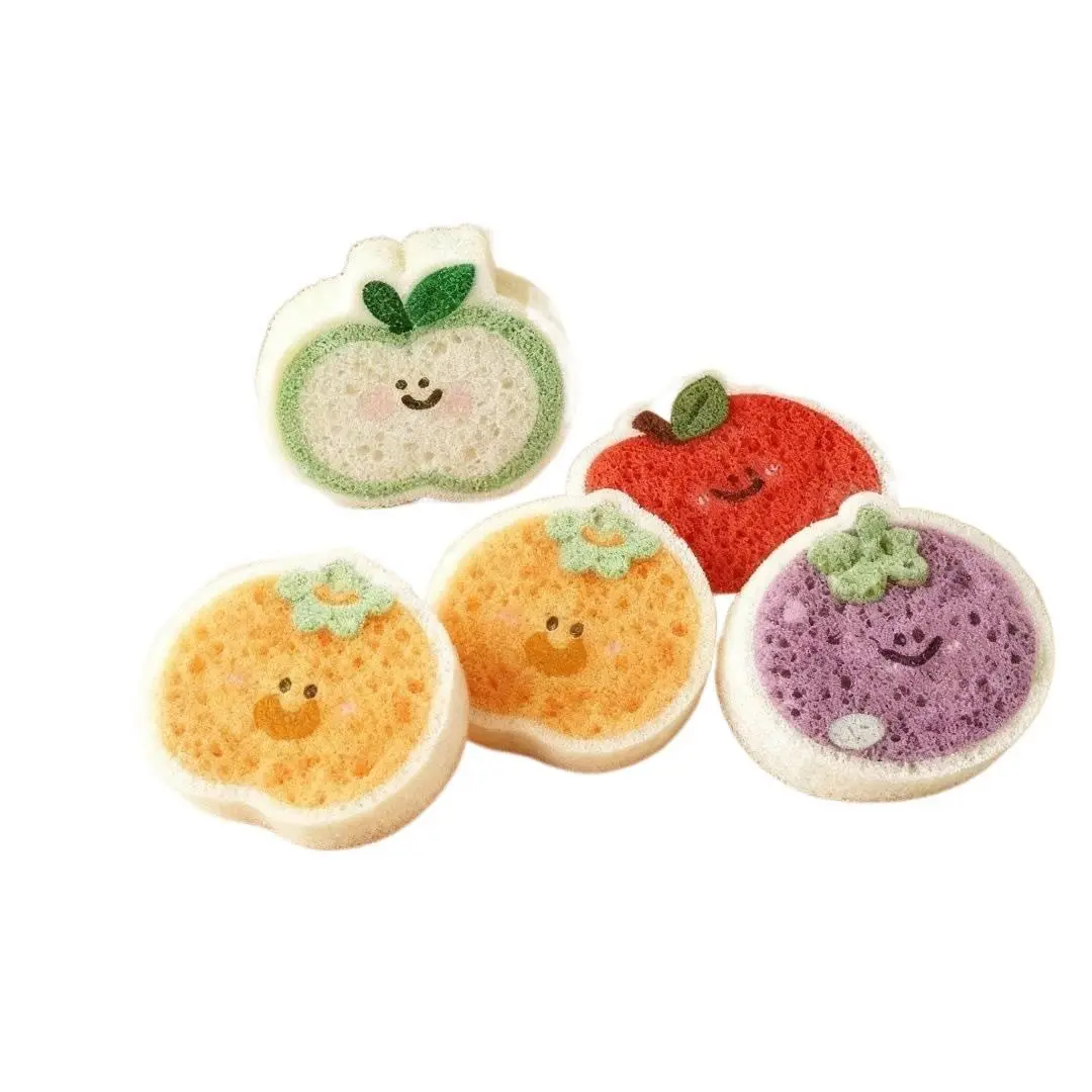Fruit-Shaped Wood Pulp Dishwashing Sponge - Expands When Wet, Thickens, Silicone Rubber-Infused, Kitchen Clean Stain Removal Tool for Household Cup Cleaning