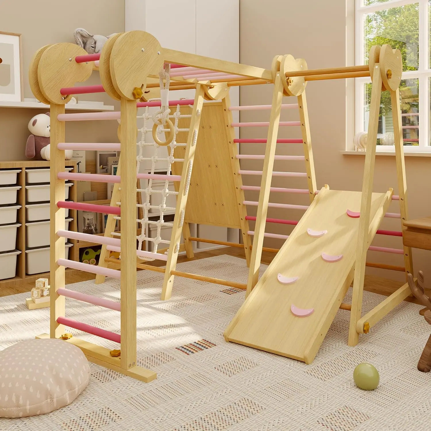 7-in-1 Wooden Indoor Jungle Gym, Toddler Playground with Slide Climbing Wall Monkey Bars, Climbing Playset for Kids 2-8
