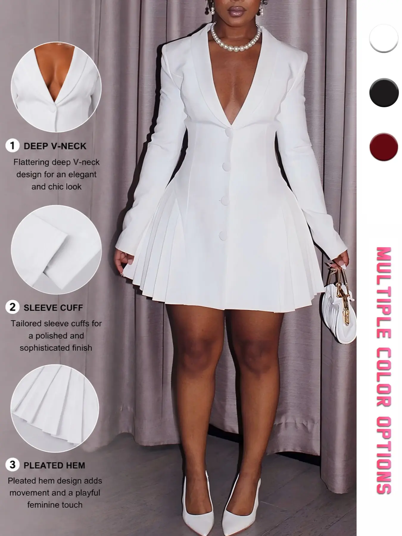 Elegant V-Neck Long Sleeve Short Dress, Waist Cinching Design, Pleated Skirt Hem, Sophisticated Style, Formal Wear, Dresses for Party, Perfect for Various Occasions