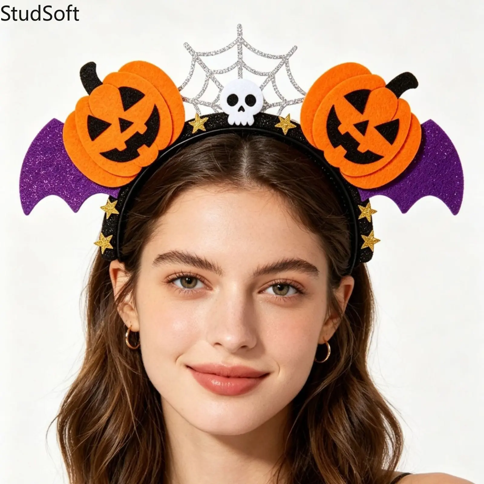 Sparkly Halloween Headband - Pumpkin Skull, Bat Wings, Spider Web Design - Cute Spooky Costume Accessory for Kids Cosplay Trick-or-Treat Parties, Accessories