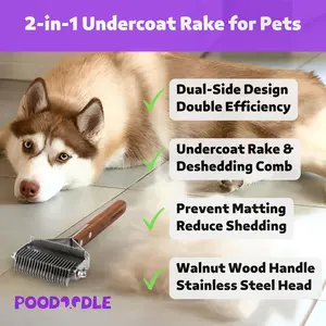 2 in 1 Dog & Cat Dematting Grooming Comb, Perfect Deshedding Undercoat Rake for Poodle & Goldendoodle, Efficiently Detangle Loose Hair & Matted Fur for All Long Haired Pets, Dark