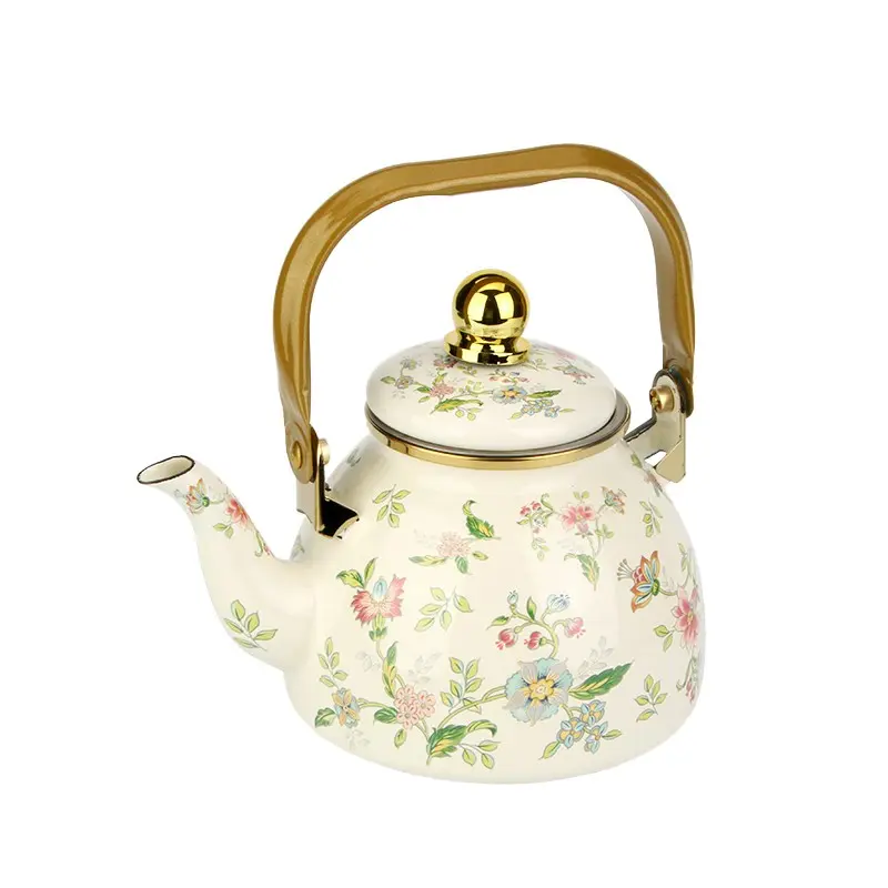 Vintage Floral Enamel Teapot, Teapot with Strainer, Flat Bottom with Stainless Steel Filter, Top Button, Iron Handle, Compatible with Induction and Gas Stoves