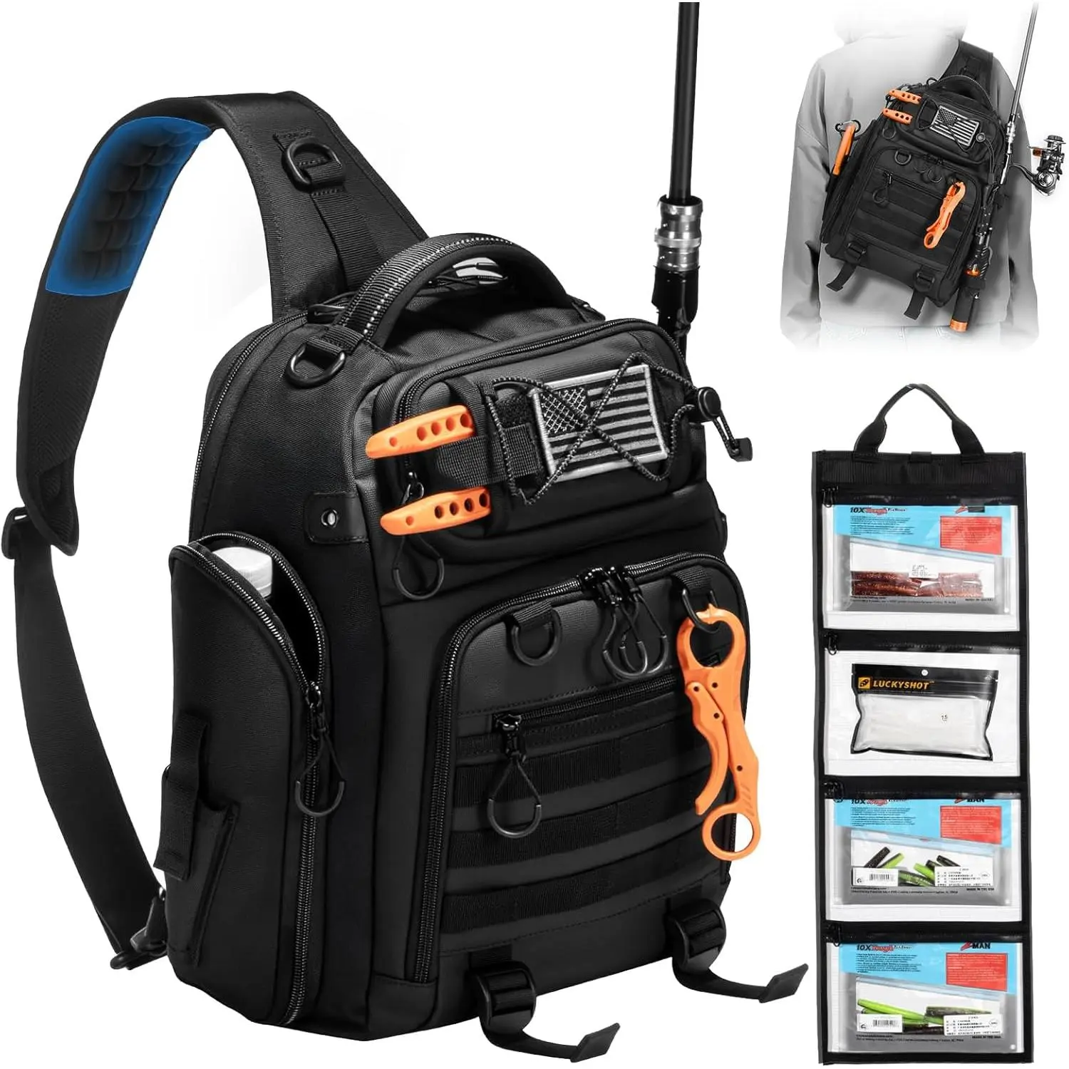 18L Fishing Sling Bag with Removable Lure Wraps and Rod & Beverage Holder, Tackle Bag  Fishing Gear