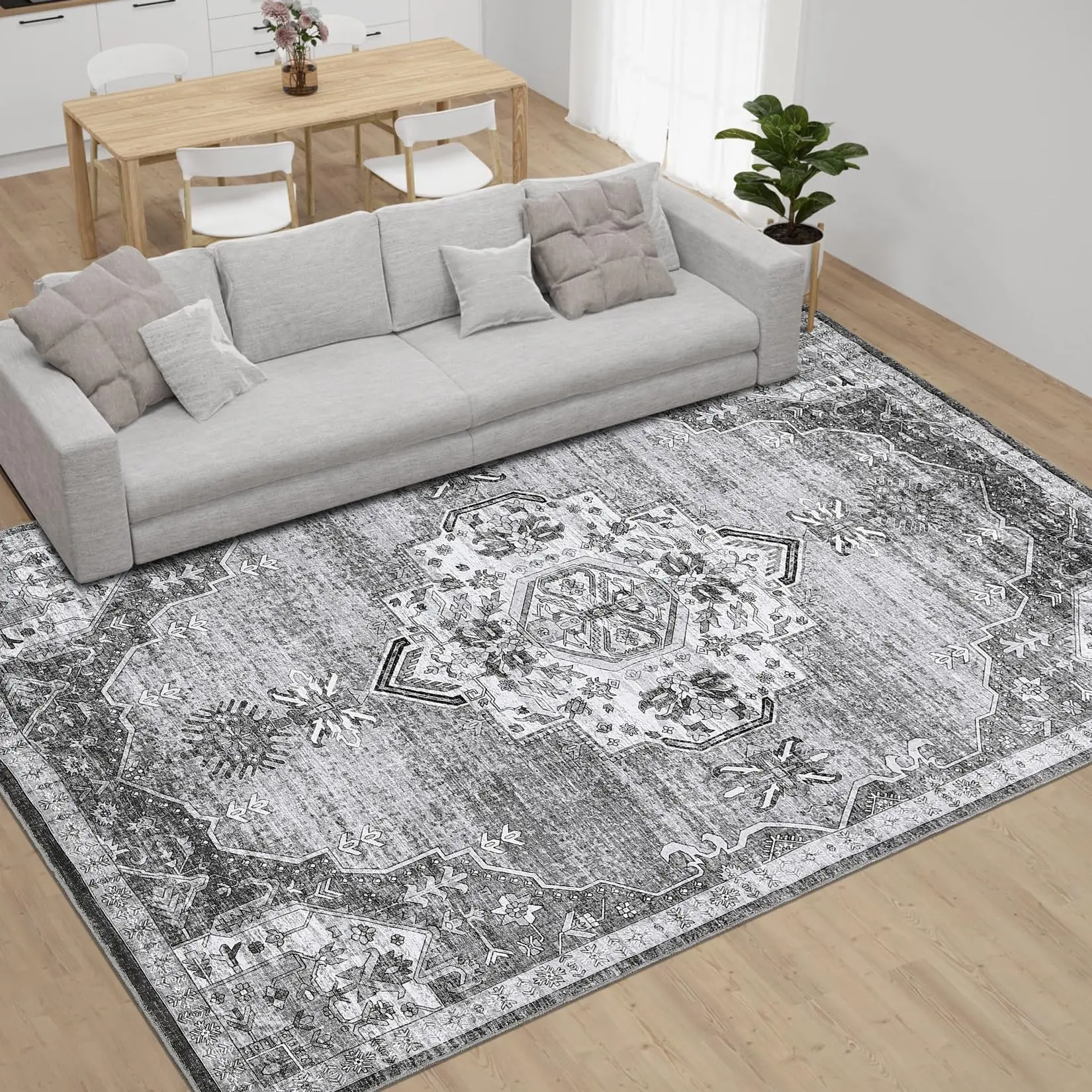 Garvee Oriental Area Rug for Bedroom 5x7 Low Pile Distressed Floor Carpet Washable Non Slip Backing Vintage Throw Rug Lightweight Ultra Soft Accent Rug for Living Room Bedroom Office Grey