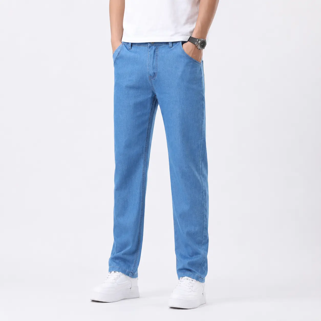 Men’s Light Blue Full-Length Straight Leg Denim Jeans - Classic Contrast Stitch Pants with Multiple Pockets, Belt Loops for Casual Daily Wear