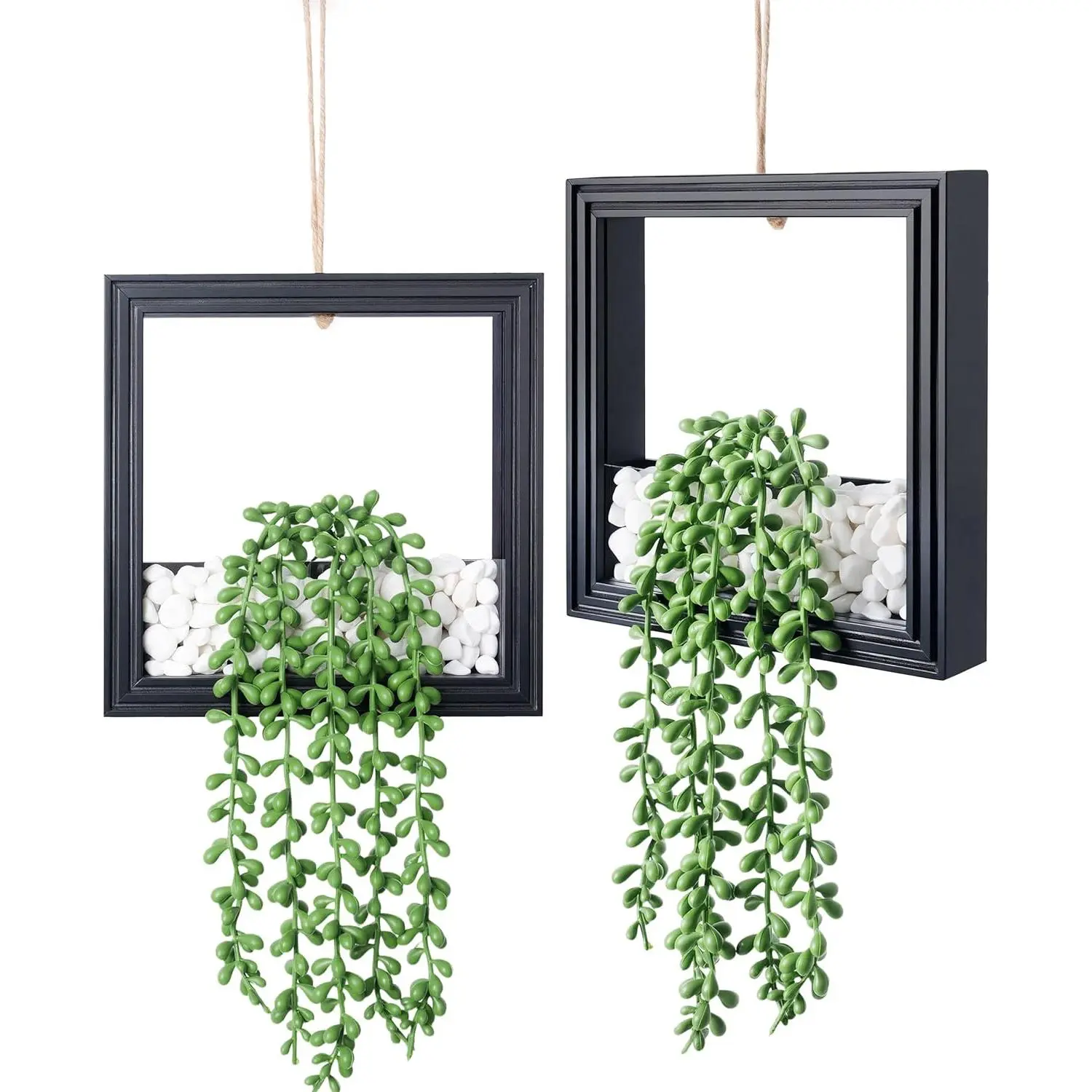 2-Pack Farmhouse Decorative Hanging Fake Plants with Black Wooden Frame, Artificial Succulents with Glow Accents, 2-Piece Wall Decoration Set for Living Room, Office, Indoor Outdoor Home Decor