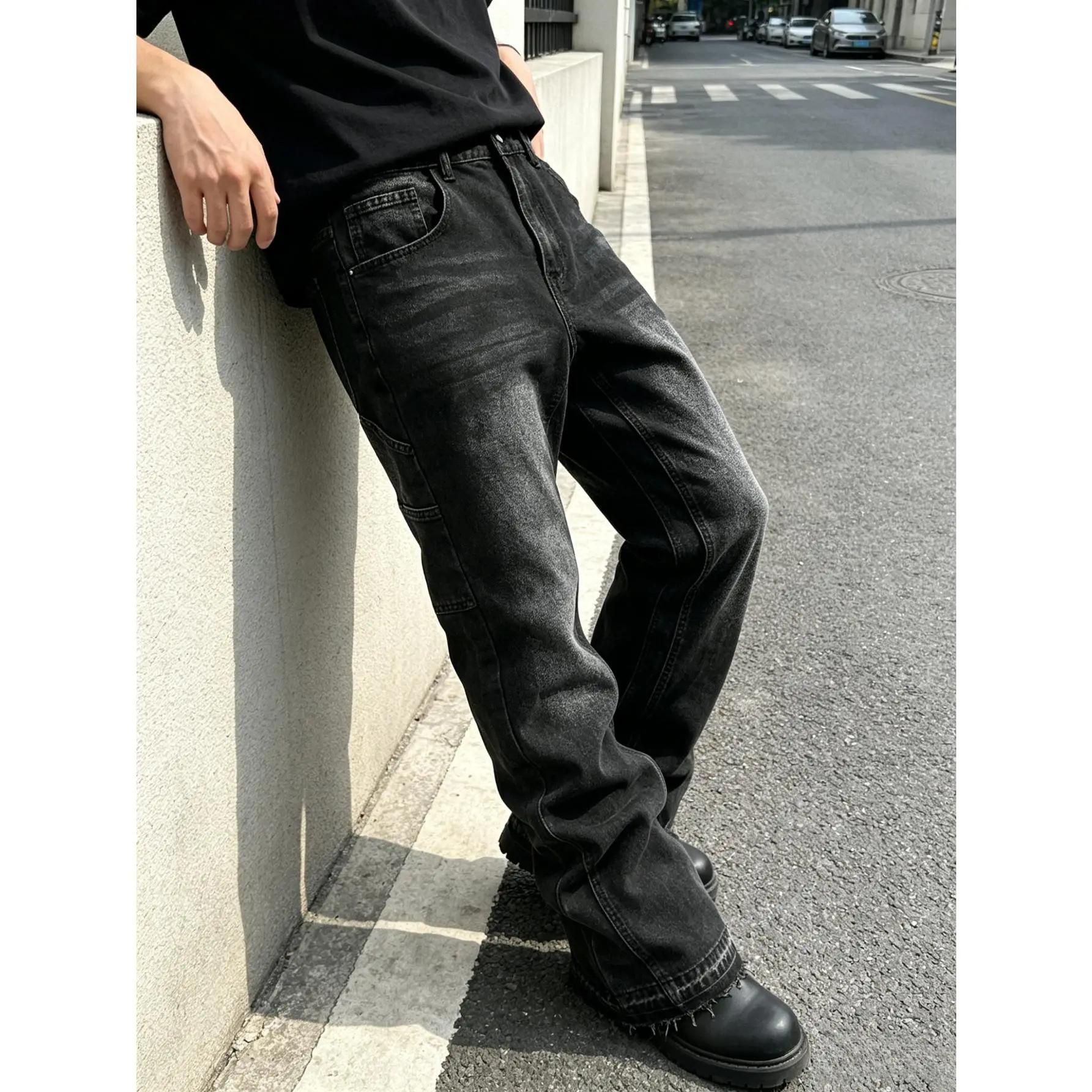 Streetwear Flared Jeans for Men, Loose-Fit Workwear Style Washed and Distressed Denim Pants in Black and Gray, Menswear, Fashion Apparel, Streetwear Clothing