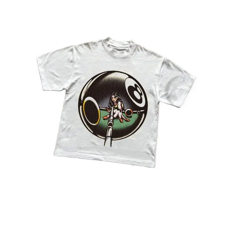 Unisex Vintage 8-Ball Pin-Up Girl Graphic Round Neck Short-Sleeve T-Shirt, Retro Billiards Tattoo Style Streetwear Top, White Casual Menswear Stripe Tee, Shortsleeve, Fabric, Fashion, Graphic Print, Streetwear Clothing