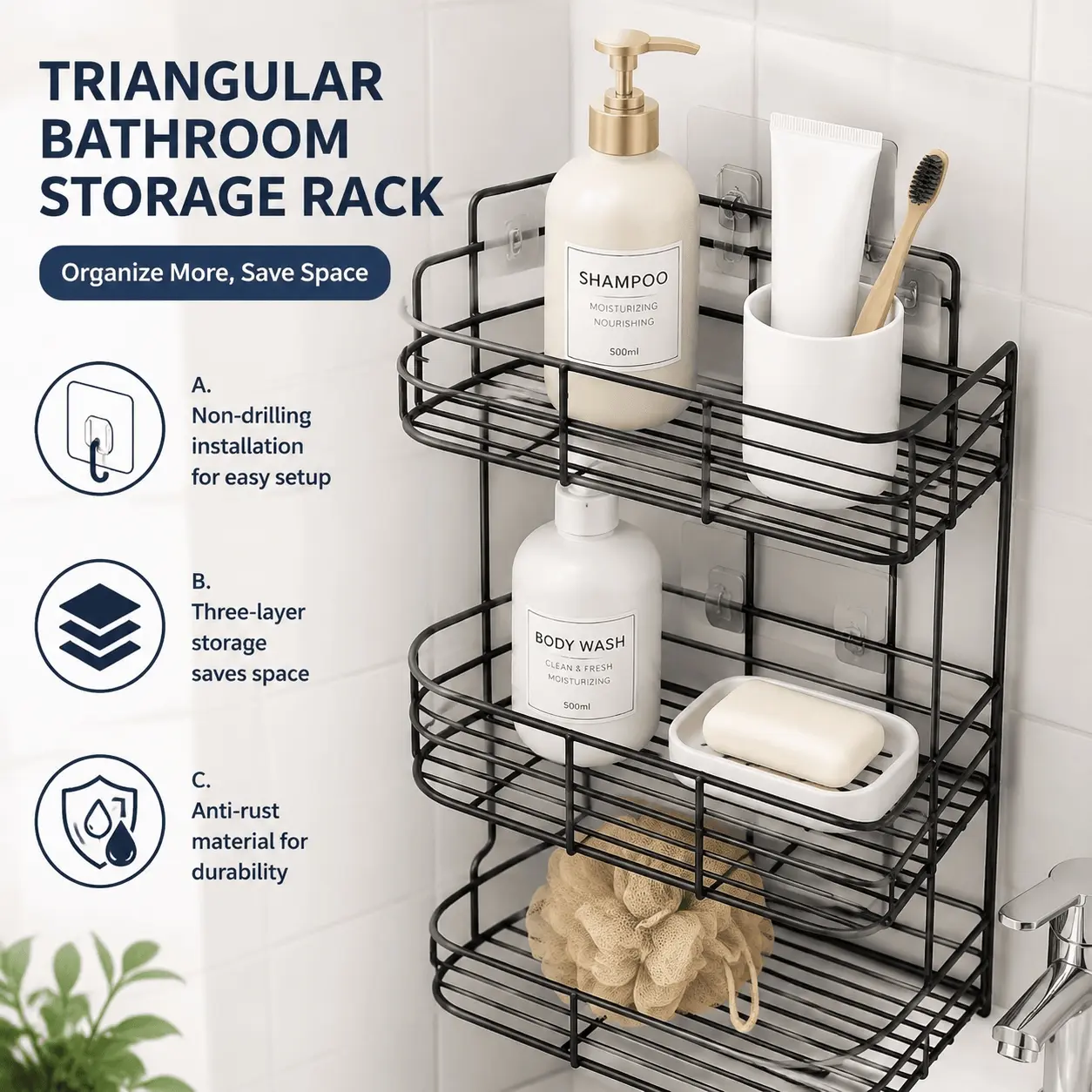 Space-Saving Corner Shower Shelf, Adjustable Bathroom Caddy Organizer with Rustproof Coating for Shampoo Bottles, Easy Installation No Drilling, Multi-Layer Storage Rack for Narrow Walls, Bath Tub Essentials Holder, Durable & Easy Clean Waterproof Design.
