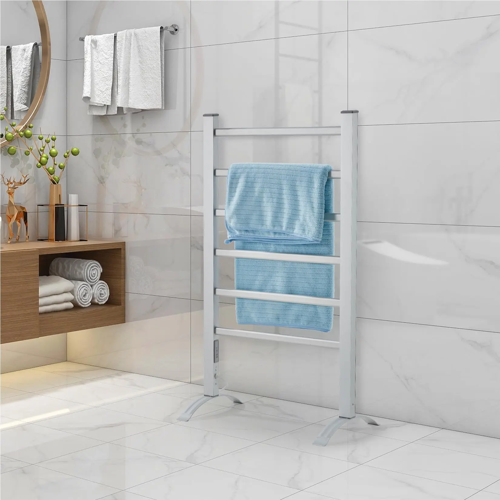 6-Bar Aluminum Frame Electric Towel Warmer - 105W Plug-in Heated Rack, IP56 Waterproof Dryer, 2/4H Timer, Freestanding/Wall Mount, Easy Installation, Bathroom Heating Solution, Silver for Bathroom