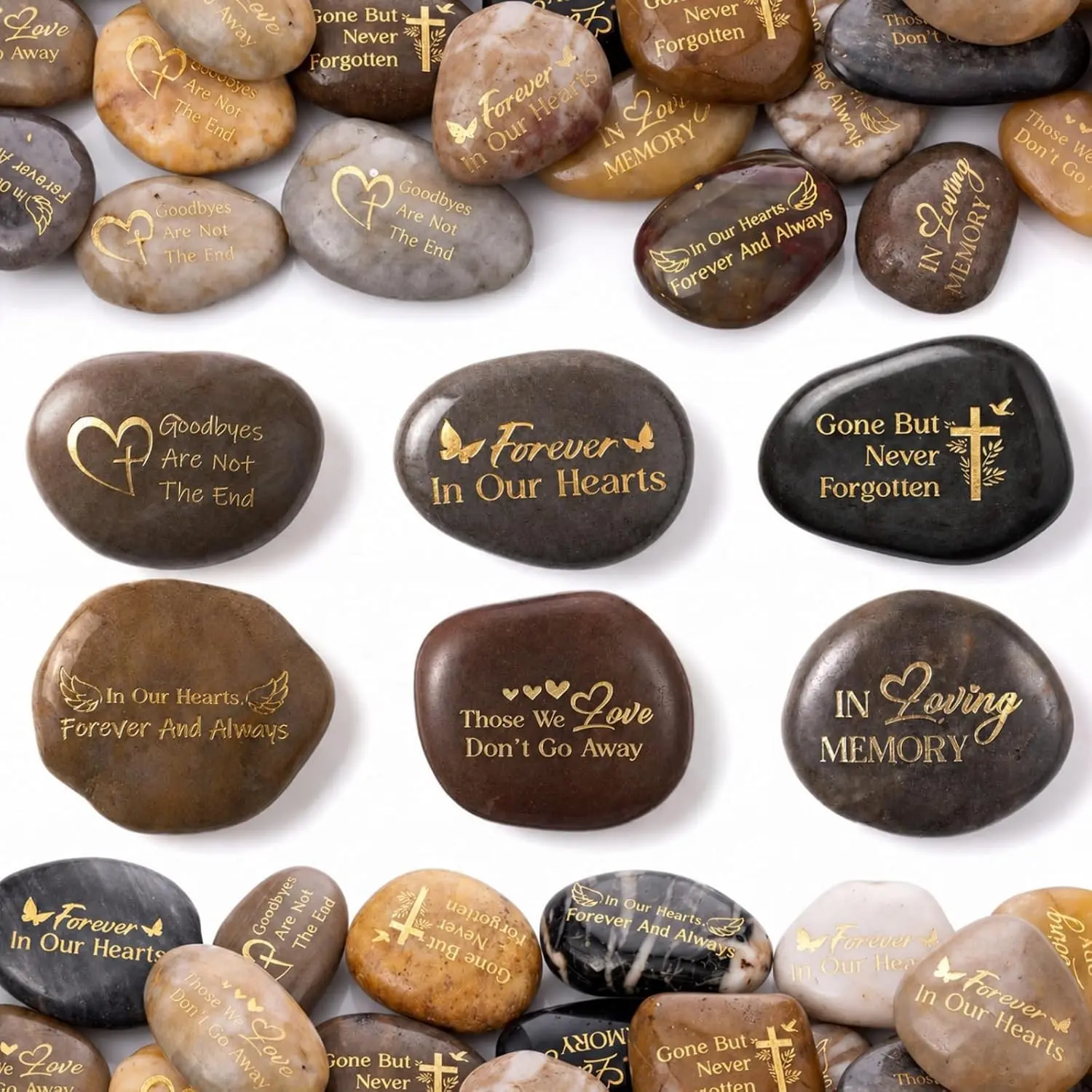 30 Pcs Engraved Inscription Memorial Stones (1.97 in, Deep Color, Elegant Style) - Natural River Stone, River Rock Shape Funeral Favor for Memorial Service Celebration of Life Decoration