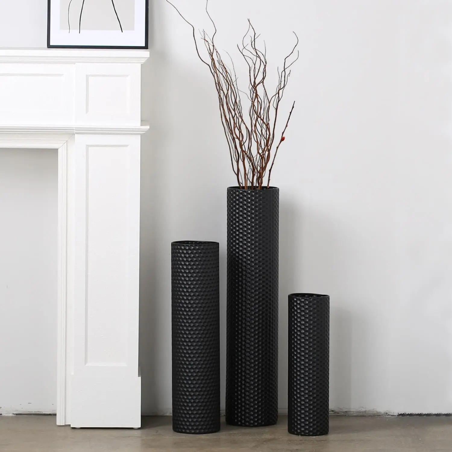 Tall Floor Vases Set of 3 - Black Metal Cylinder Vases for Living Room Corner, Modern Honeycomb Texture, Extra Large Standing Decor (Tallest 27.6in, Home Bedroom Dining Decor)
