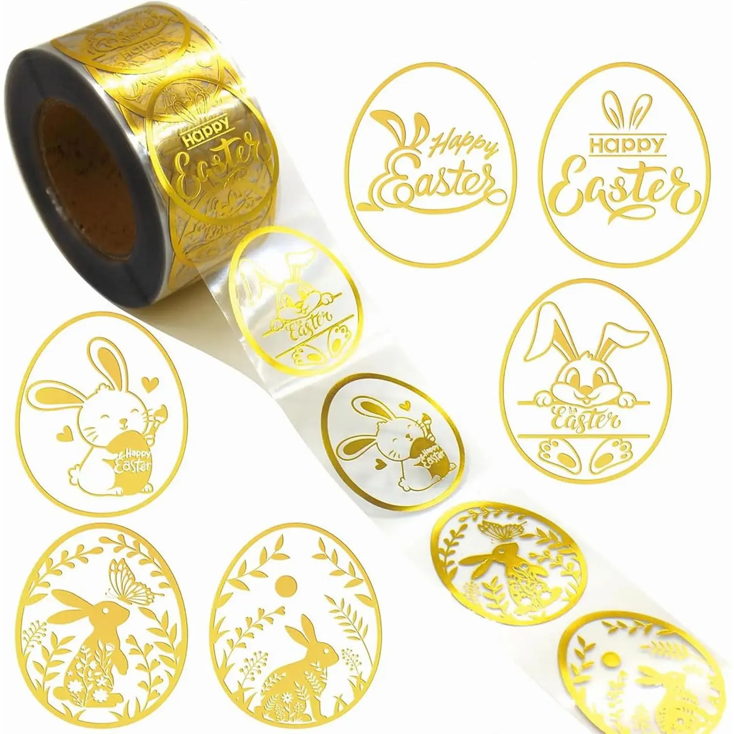500 count Easter Clear Roll Stickers  Foil Seal Sticker Cute Bunny Round Sticker with Happy Easter Design Envelope Stickers  Egg Adhesive Label Sticker  for Holiday Party  Card
