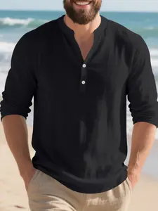 Men's Linen Shirt Stand Collar Button Front, Loose Fit Casual Breathable V-Neck Henley Long Sleeve T-Shirt, Comfortable Men's Top