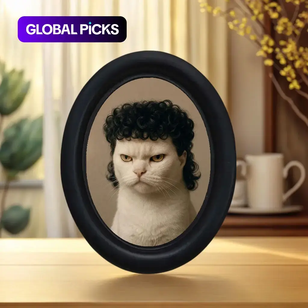 Vintage Funny Curly Hair Cat Photo Oval Frame Decor, Picture Frame, Photo Frames, Fun Anthropomorphic Cat Portrait Art, Healing Desktop Ornament, Unique Wall Decoration, Home Wall Decor #GLOBAL PICKS