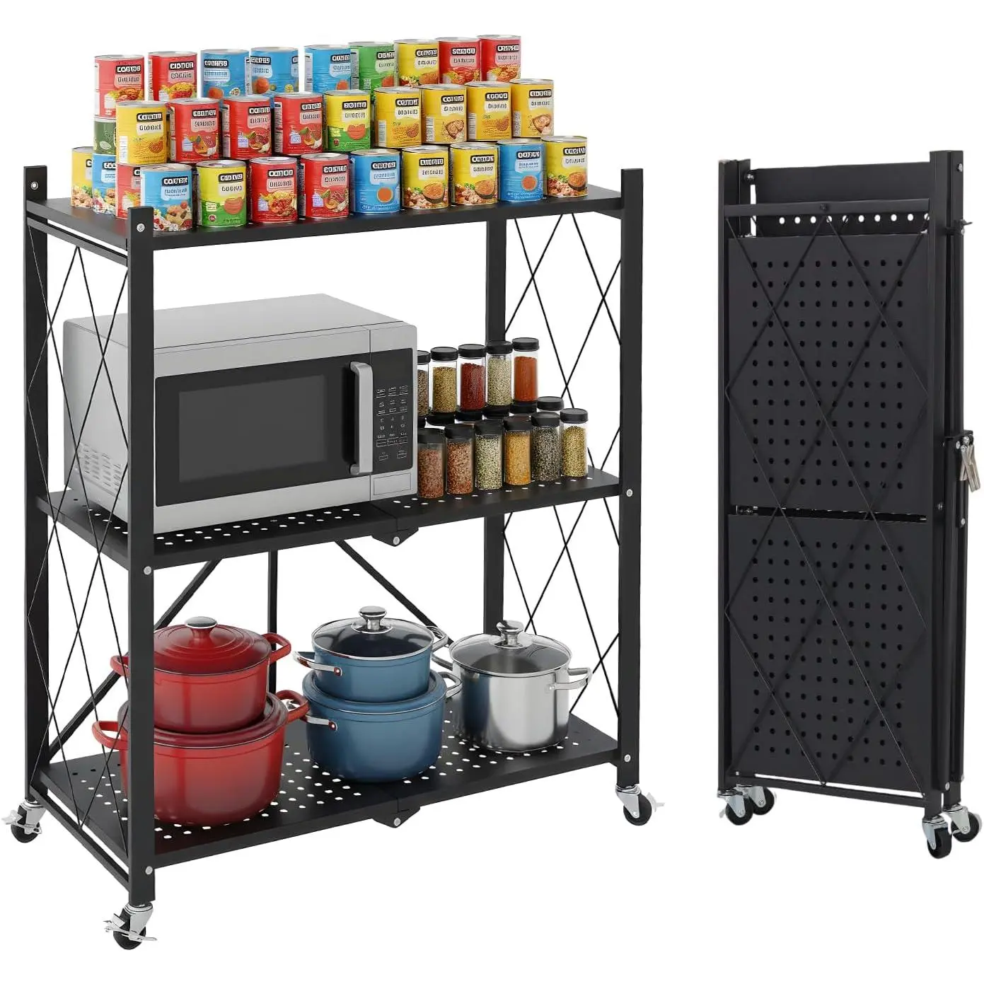 3 Tier Foldable Storage Shelves with Wheels, Metal Collapsible Organization Storage Rack, No Assembly Folding Bookshelf, Rolling Storage Rack for Kitchen, Bedroom, Pantry, Garage, Display, Black