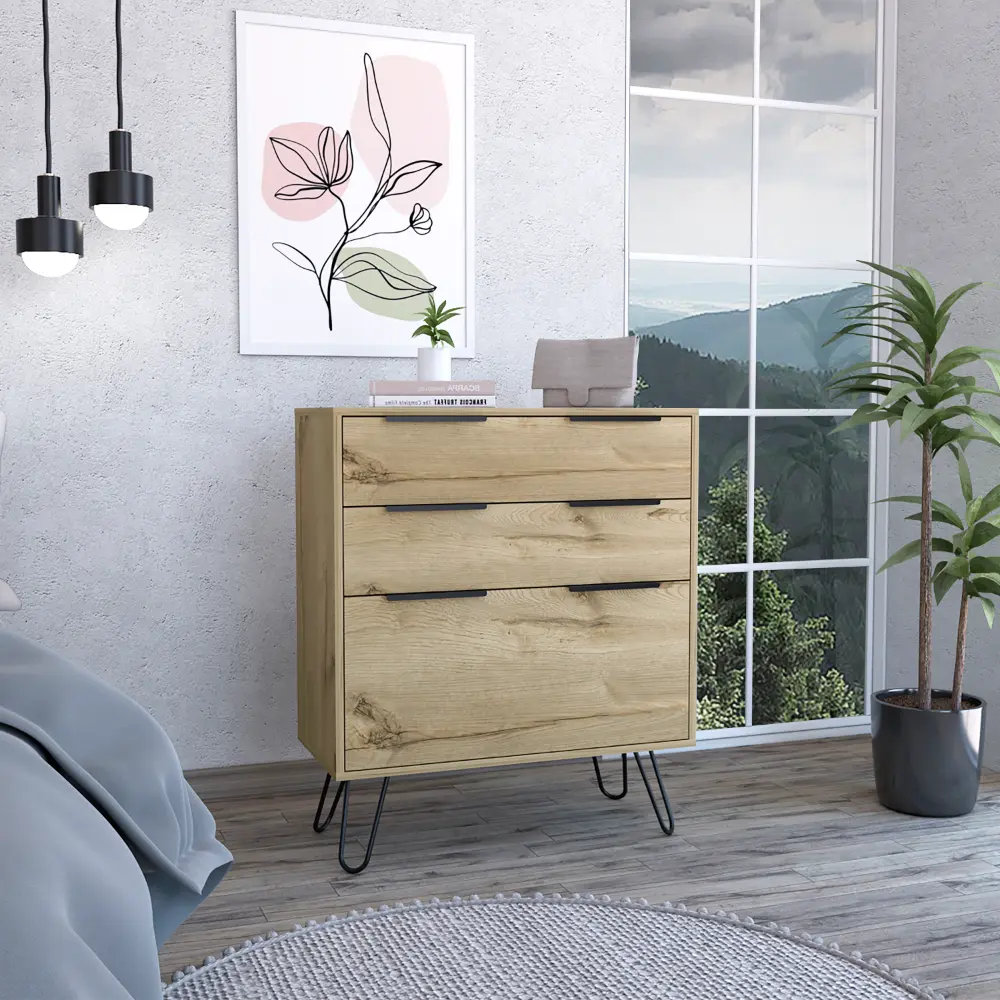 Nokaa 3-Drawer Dresser Chest of Drawers for Bedroom, 35.6"H Mid-Century Modern Storage Cabinet with Superior Top, Hairpin Legs, Particle Board, Beige, Compact Nightstand for Living Room, Hallway, Entryway, Beige Color Options, Particle Board Material
