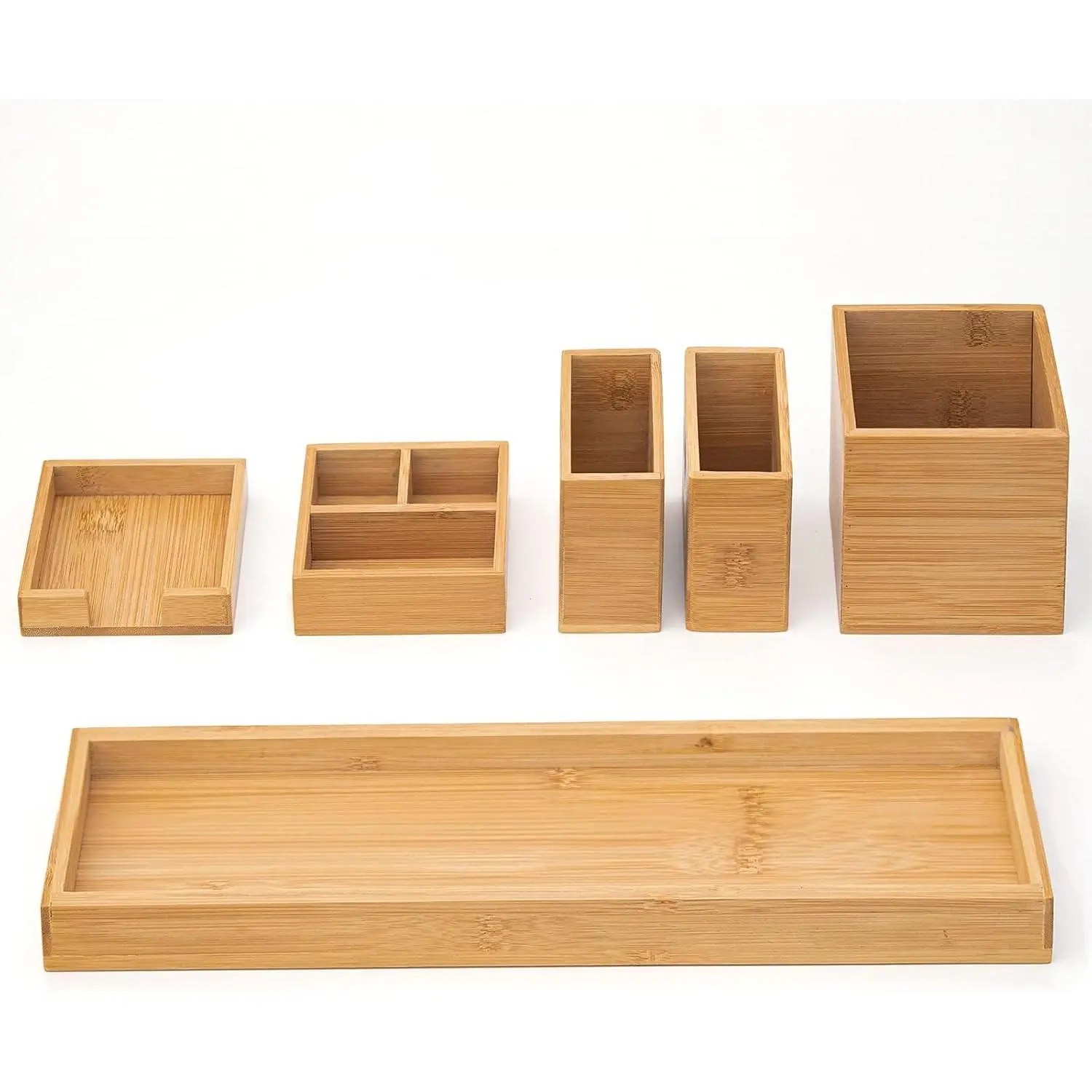 Bamboo Vanity Tray, 6-Piece Bathroom Countertop Vanity Tray Set, Makeup Kitchen Desk Organizer and Storage - Holds Small Items