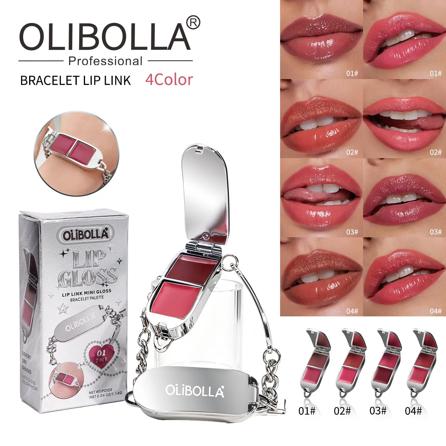 OLIBOLLA 2-in-1 Bracelet Lip Gloss Palette Mirror Water-Light Lip Glaze, jewelry and lip glaze, Viral 2-in1 must-have, internet-famous bracelet lip glaze, One swipe for glass pouty lips, mini bracelet lip palette, all-day hydrated, Glossy
