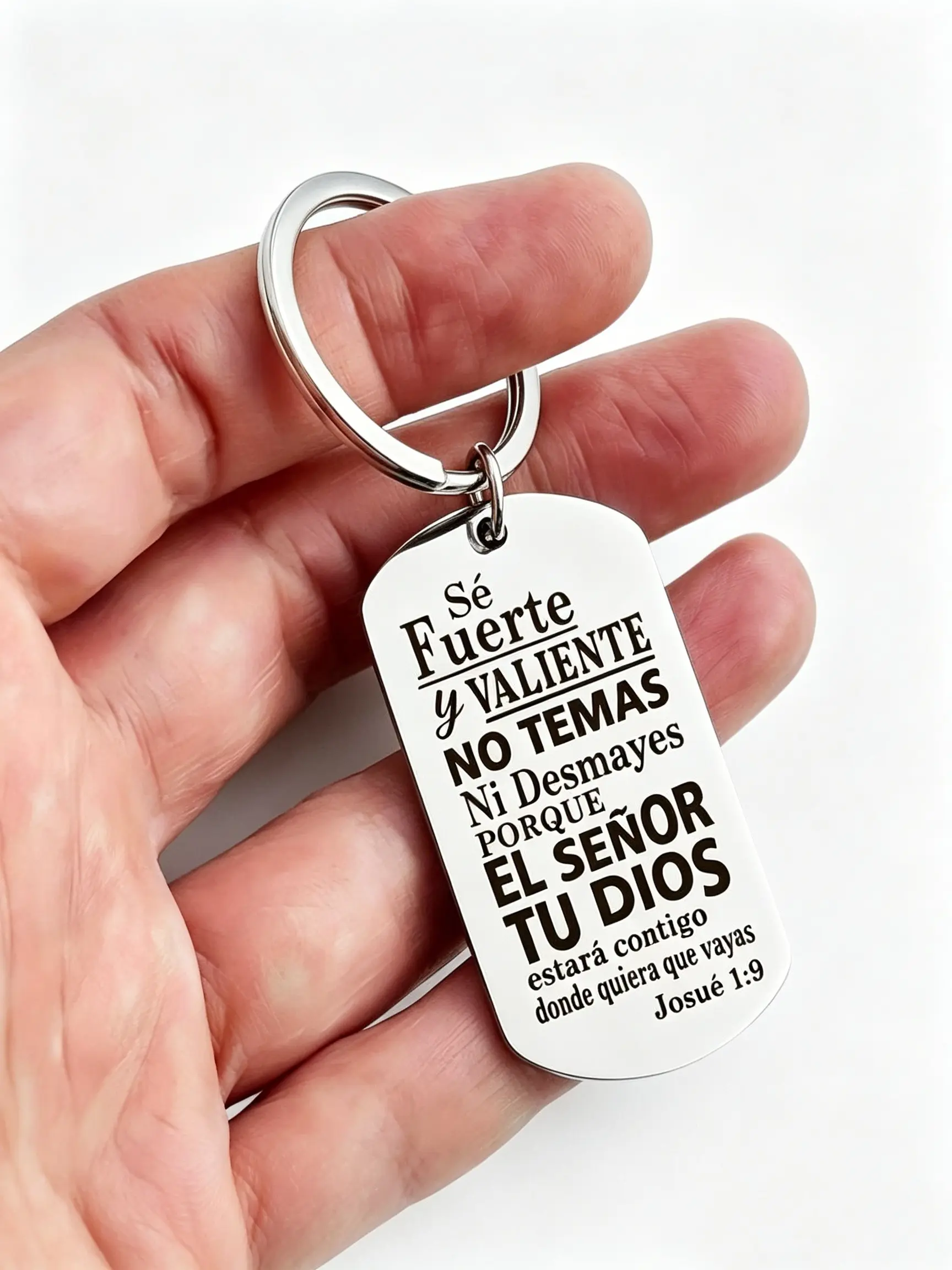 1pc Spanish Bible Joshua 1:9 Verse Stainless Steel Dog Tag Keychain, Inspirational Religious Gift For Spanish-Speaking Christians