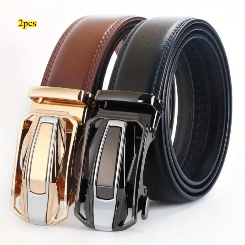2Pcs Men’s Ratchet Automatic Buckle Belt, Custom Adjustable Slide Strap Waist Accessory, Multi-Style Classic Waistband, Premium Practical Gift for Daily Casual, Business Outfits, Formal Events and Valentine’s Day Presents