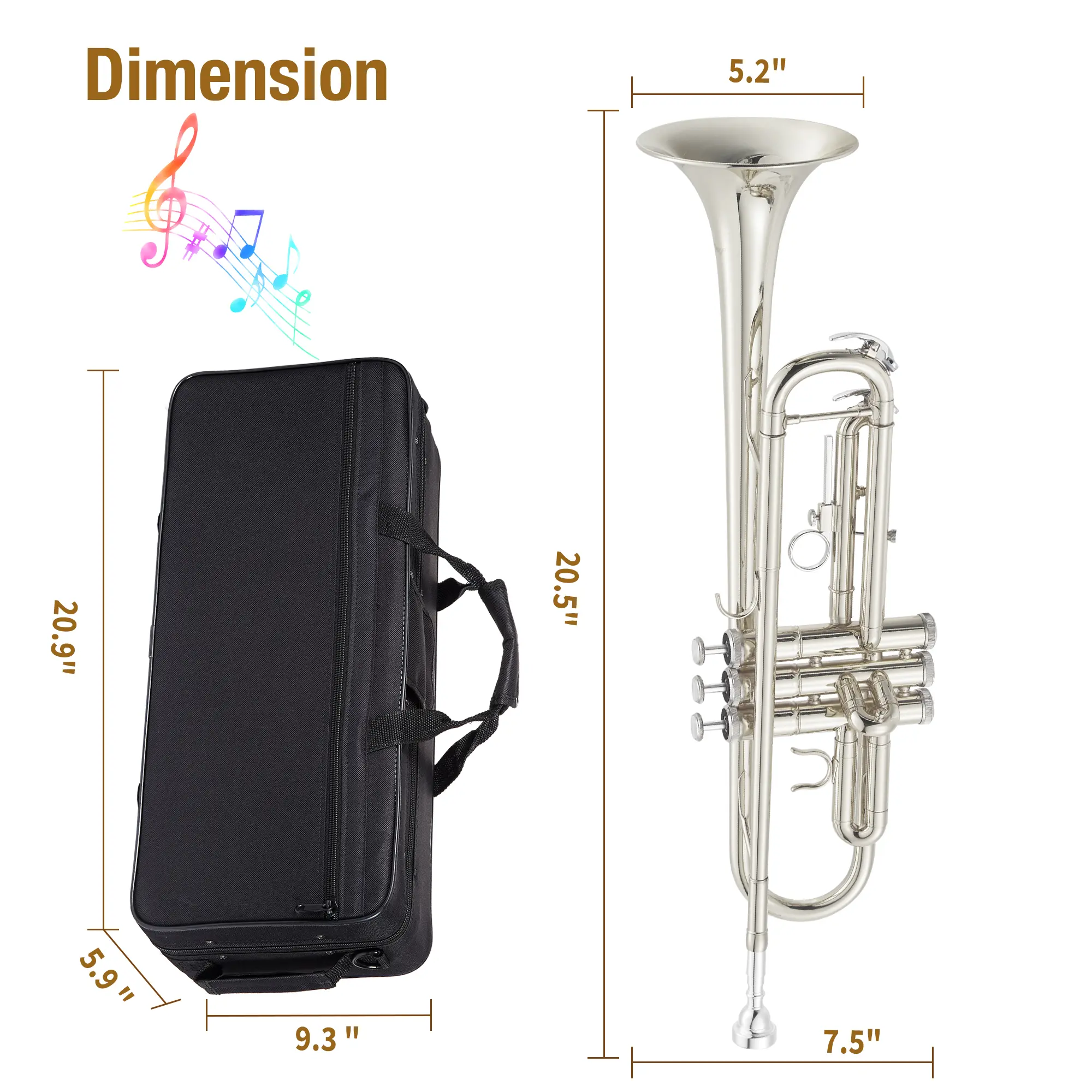 Beginner B Flat Trumpet – Nickel-Plated Brass Instrument with Mouthpiece, Case, Cleaning Cloth, Gloves & Cleaning Rod – Professional Standard for School Band & Practice