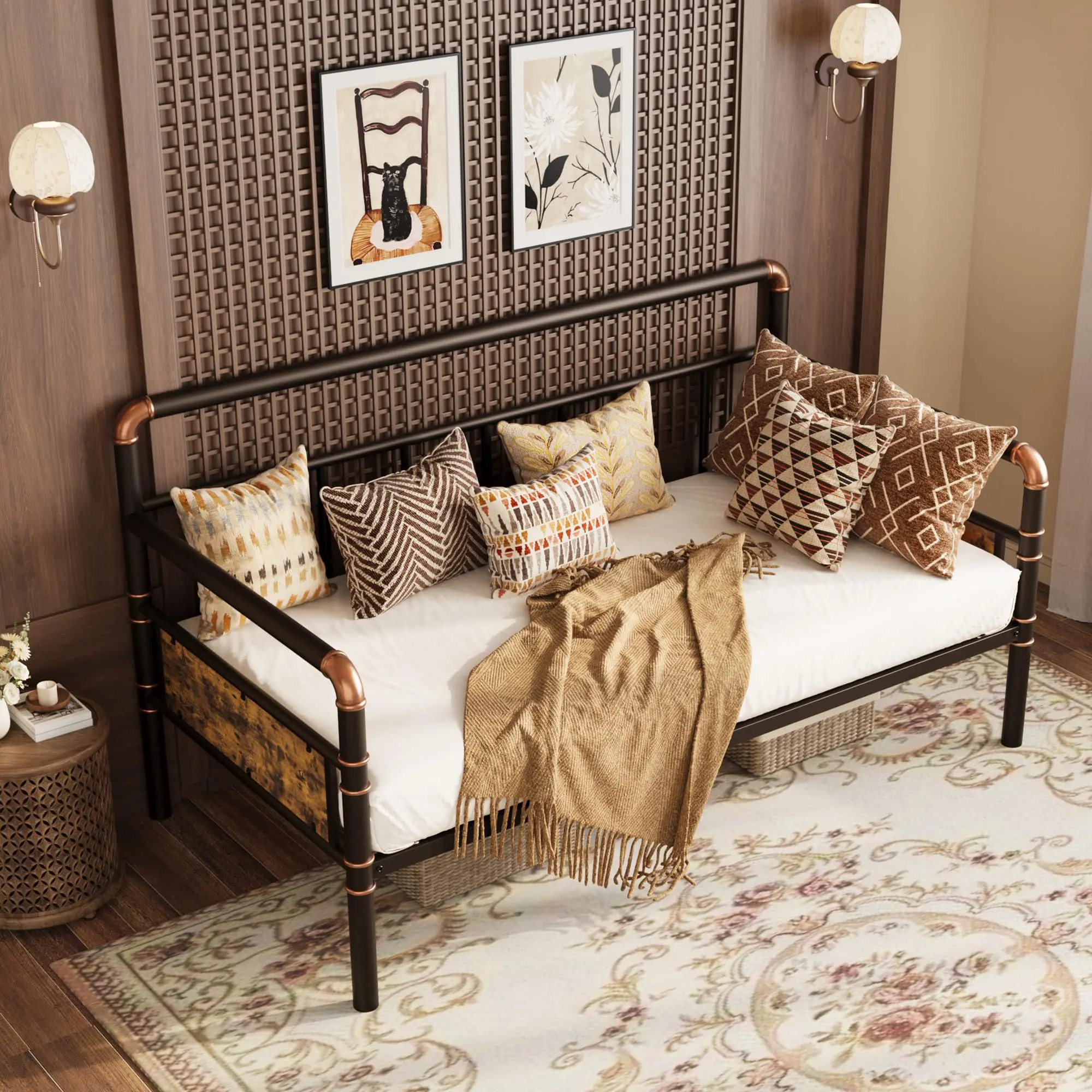 Metal Daybed Frame Twin Size, Daybed with Classic Headboard,Brown | Sofa Bed Platform,Wooden Headboard,Heavy Duty Metal Slats,For Living Room Guest Room,Space Saving