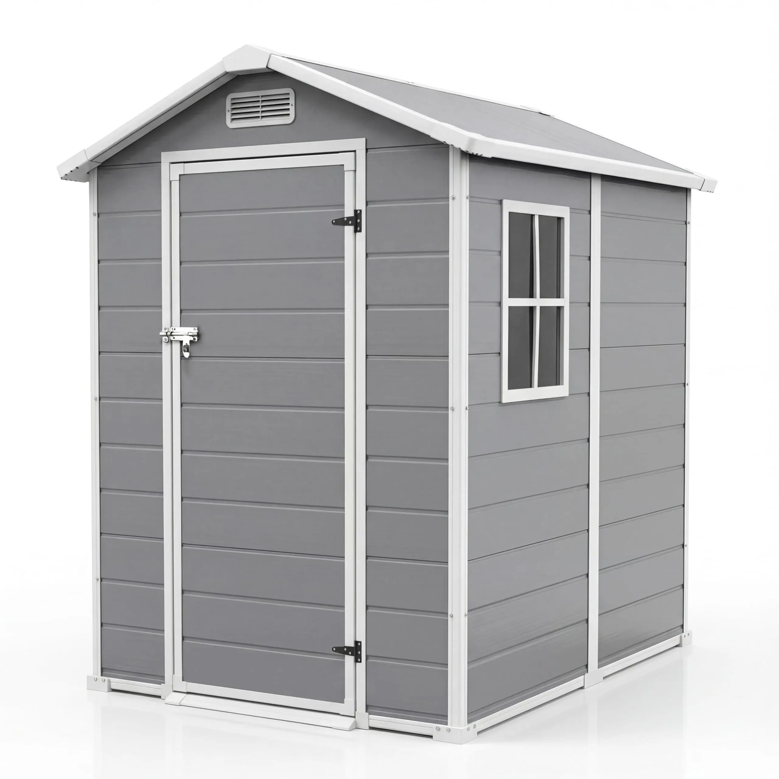 GARVEE 6ft x 4ft Plastic Outdoor Storage Shed with Floor, Resin Cottage Shed with Window Panel, Sloping Roof & Lockable Door for Patio, Backyard (Light Gray, Lawn Mower, Bike, Tool Storage)