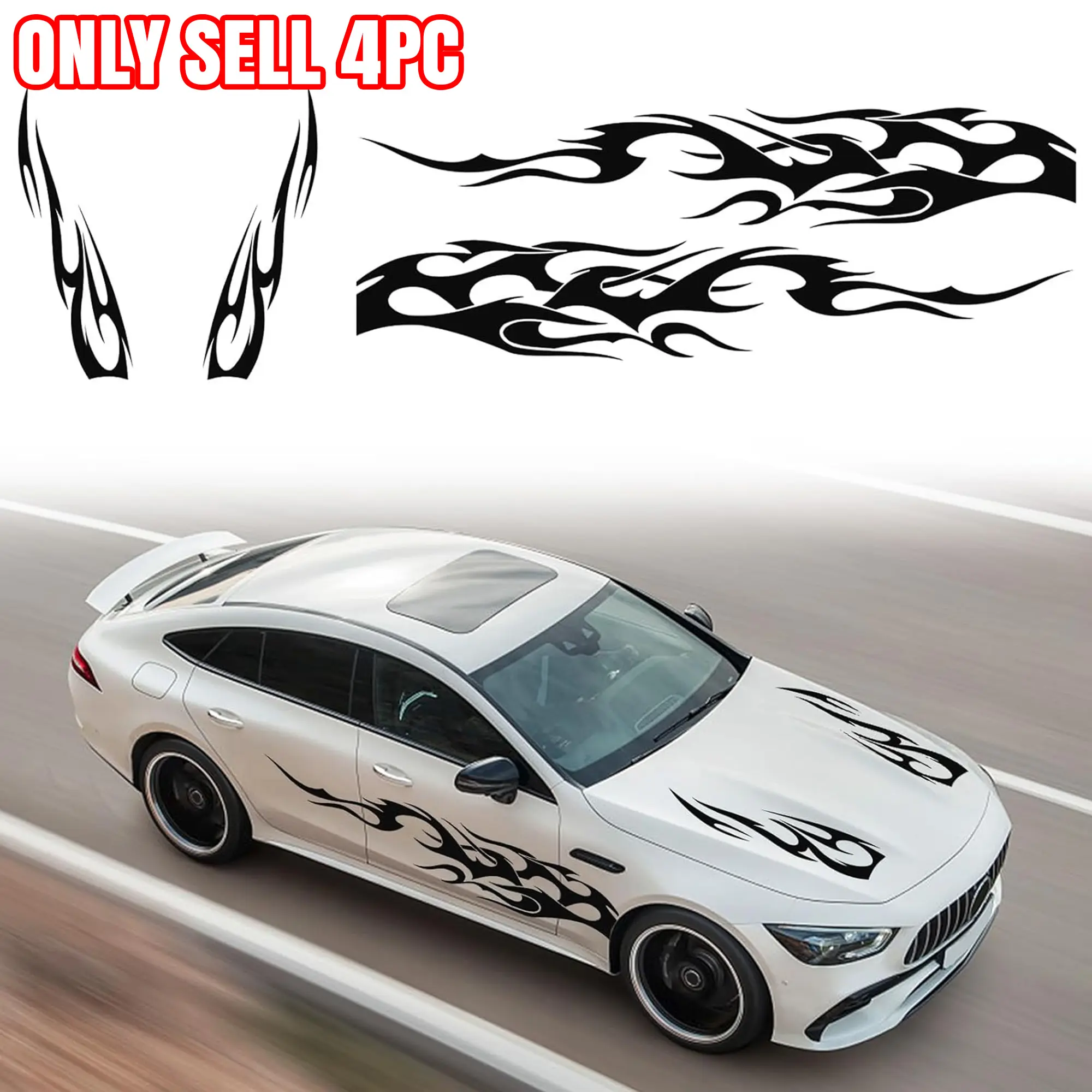 4PCS Universal Racing Body Side Stripe Skirt Decals, Auto Hood & Sides Door Decoration Flame Pattern Graphics Vinyl Sticker Car Vehicle Decoration for Cars, SUVs, Sedan